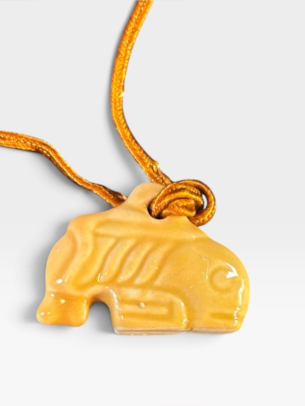 Vintage Studio Pottery Yellow Animal Fetish Pendant Cord Necklace